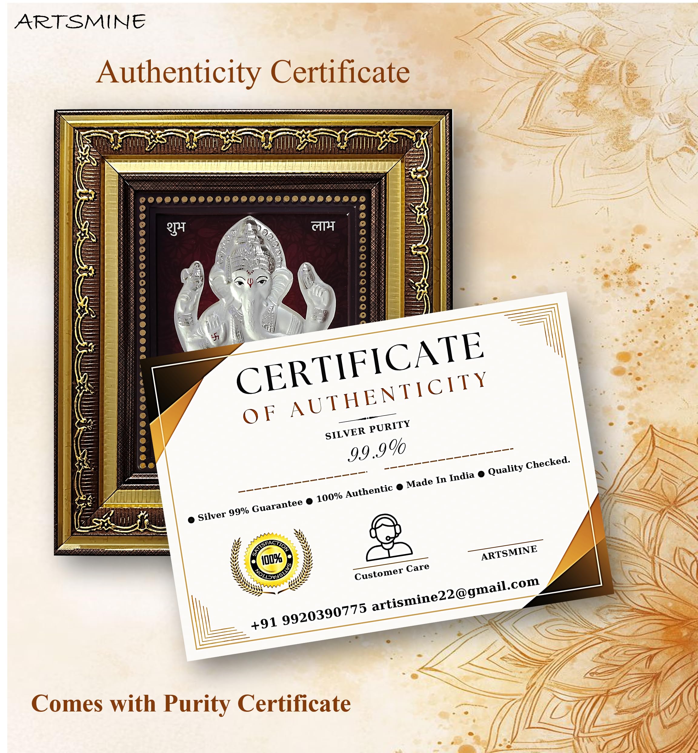 Artsmine 999 Silver Ganesh Rectangular Frame | Pooja Room Diwali Corporate Gift | Size H*L - 22 * 20 Cm | Wall Mount Ganesh Phot